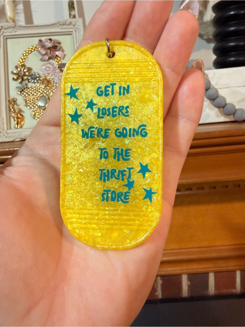 Yellow Glitter Keychain Tag with Teal Lettering